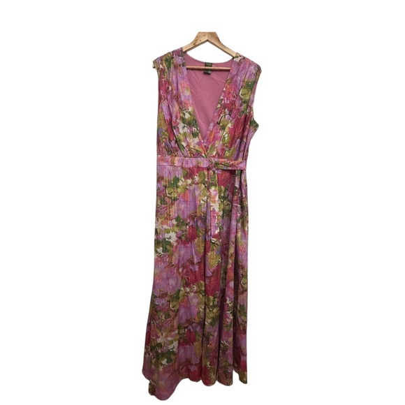 Taylor Pink Lilac Floral Sleeveless Maxi Wrap Dress Gold Metallic Stripe Size 16 - Picture 3 of 14